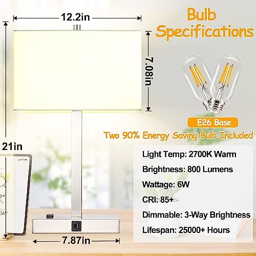 21" Touch Bedside lamps with 2 USB & AC Outlets, 3-Way Dimmable Bedside Table Lamps Set of 2 for Bedroom Living Room Office Reading, White Shade Lamps for Night Stands, 3000K LED Bulbs Included - color: White Cream Linen & Brushed Nickel