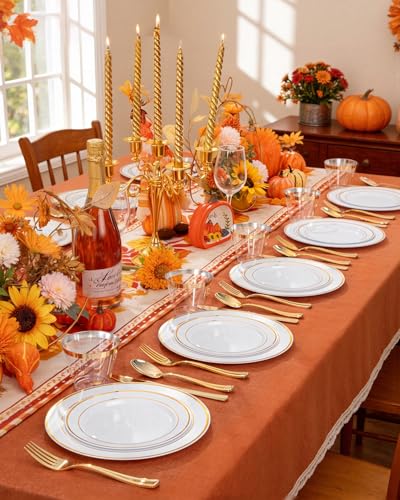 bUCLA 150PCS Gold Plastic Plates Disposable - Heavy Duty Gold Plates Include 25 Dinner & 25 Dessert Plates,25 Forks,25 Knives,25 Spoons&25 Cups for Party, Thanksgiving, Fall Harvest & Autumn - color: Gold