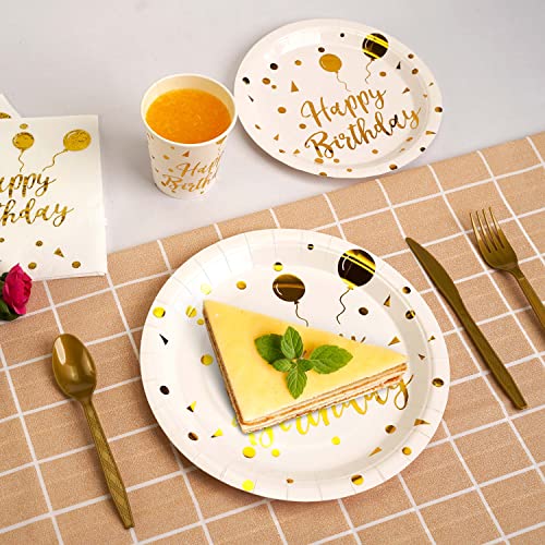 200 pieces of white and gold birthday party supplies, disposable happy birthday tableware set, gold plastic knives, forks, spoons, straws. Birthday themed tray, cup,25Guests（white） - color: White