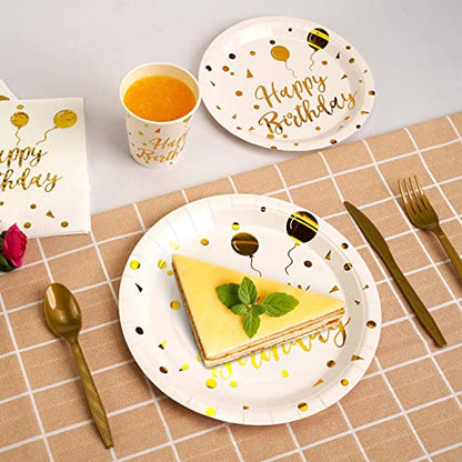 200 pieces of white and gold birthday party supplies, disposable happy birthday tableware set, gold plastic knives, forks, spoons, straws. Birthday themed tray, cup,25Guests（white） - color: White