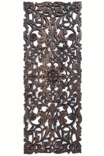 Large Carved Wood Floral Wall Panel. Tropical Asian Home Decor in Dark Brown Finish, Size 35.5"x13.5"