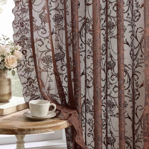 TUDECO Brown Lace Floral Curtains 72 Inch Long, Ruffle Edge, 2 Panels - color: Brown, size: 59"W x 72"L (Pack of 2)