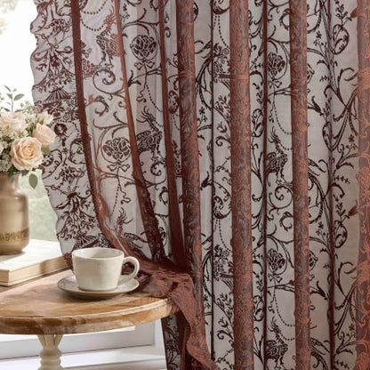 TUDECO Brown Lace Floral Curtains 72 Inch Long, Ruffle Edge, 2 Panels - color: Brown, size: 59"W x 72"L (Pack of 2)