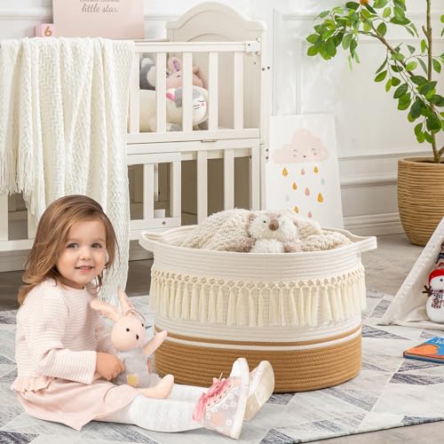 KAKAMAY Large Blanket Basket (20"x13"),Woven Baskets for storage Baby Laundry Hamper, Cotton Rope Blanket Basket for Living Room, Laundry, Nursery, Pillows, Baby Toy chest (White Fringe) - color: White Fringe