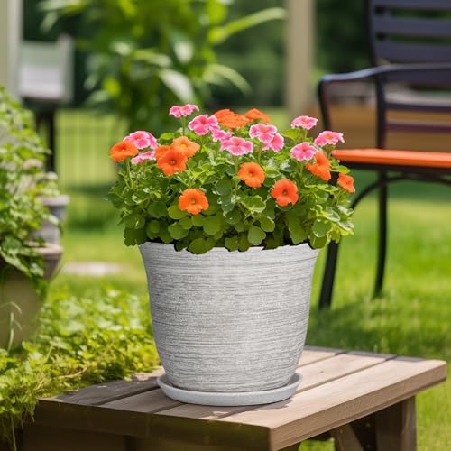 Ceramic Planter, 12 Inch Plant Pot with Drainage and Saucer, Grey - color: Grey-white, size: 12 Inch
