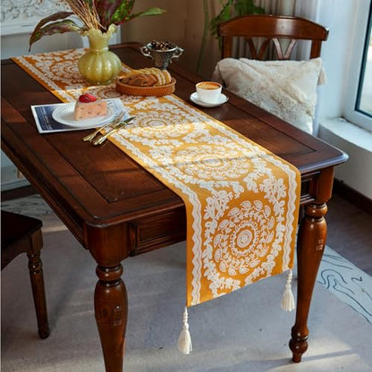 ARTABLE Ginger Boho Table Runner Wood Bead Tassel Dresser Scarf 14x120 Inch - color: Ginger, size: 14 x 120 Inch