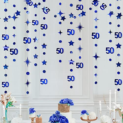Navy Blue 50th Birthday Decorations Number 50 Circle Dot Twinkle Star Garland Metallic Hanging Streamer Bunting Banner Backdrop for 50 Year Old Birthday Happy 50th Anniversary Fiftieth Party Supplies - color: Blue