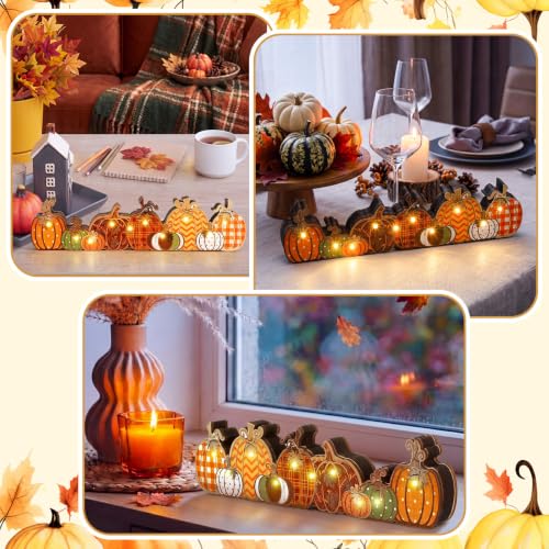 Yousoontic Fall Table Decorations, Light up Pumpkin Table Centerpieces Retro Wooden Sign Decor with LED Lights 3D Block Pumpkin Decor for Autumn Thanksgiving Harvest Farmhouse Home Mantel Desk Party - style: Retro Pumpkin