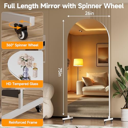 Hasipu 75" x 28" Arched Full Length Mirror on Wheels - size: 75"L x 28"W