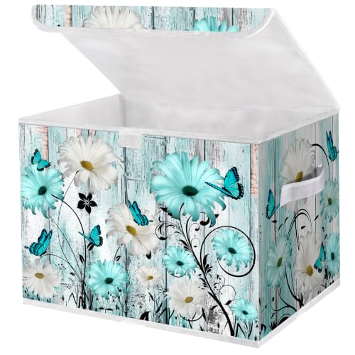 Briwooody Blue Daisy Storage Bin with Lid and Carrying Handle Floral Butterfly Foldable Storage Box Large Farmhouse Decorative Collapsible Container Basket for Organizing Closet Home Bedroom Gift - style: Daisy