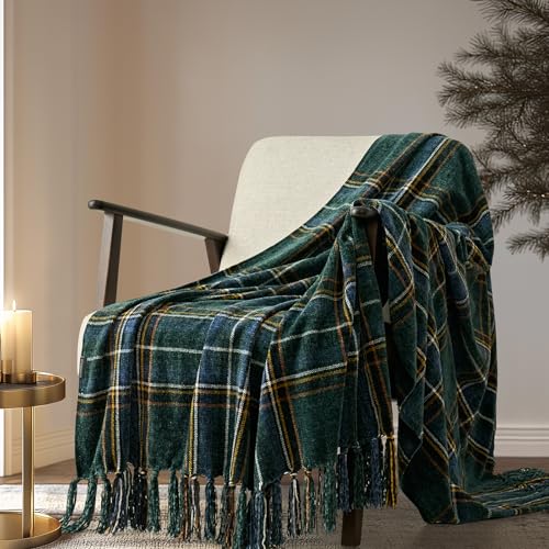 EverGrace Chenille Christmas Throw Blanket, 60"x80", Green Stewart Plaid - color: Plaid Christmas Green, size: 60"x80"