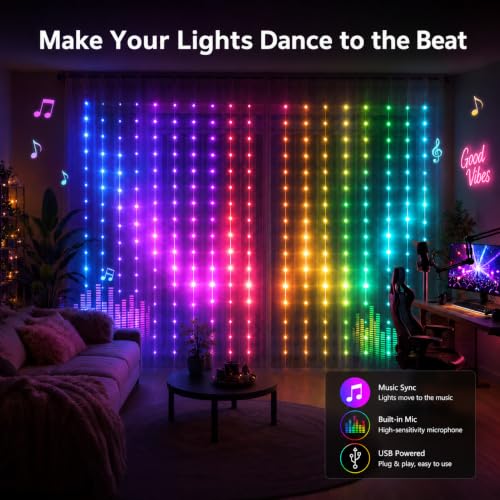 Smart Curtain Lights Outdoor 400LED App Music Timer USB 6.6x6.6FT