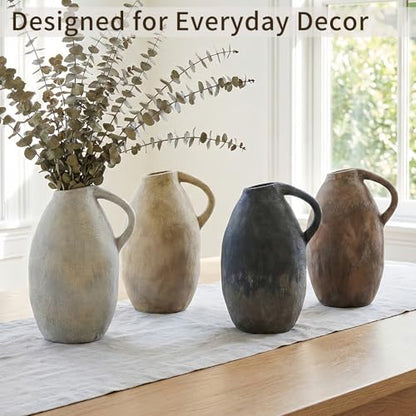 Rustic Ceramic Vase with Handle, 10.3 Inch, Handmade Decor, Brown - color: Brown