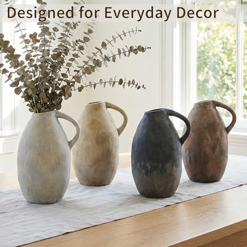 Rustic Ceramic Vase with Handle, 10.3 Inch, Handmade Decor - color: White Gray