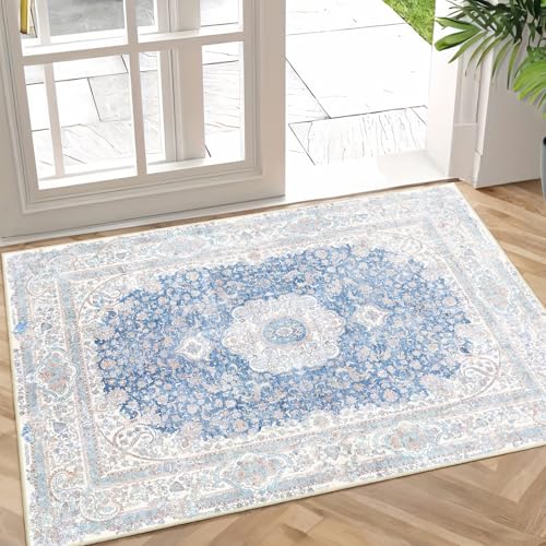 Small Rugs 2x3,Blue Rug for Entryway Bathroom Bedroom Kitchen Entrance Doormat,Boho Vintage Bohemian Distressed Washable Accent Floor Throw Carpet Non Slip,Floral - color: Blue, size: 2'x3'