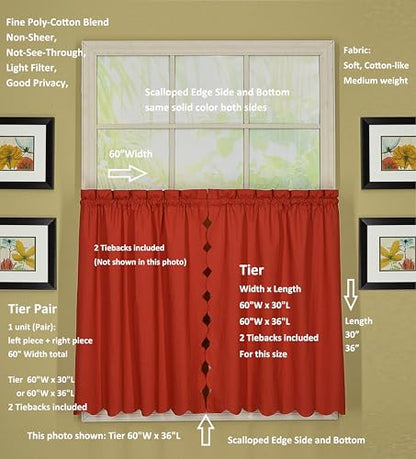 Today's Curtain, Orleans Scallop Curtain, Brick Red 36" Tier Pair and Tieback, 60" W x 36" L, Brick Red - color: Brick Red, size: 60"W x 36"L (Pack of 1)