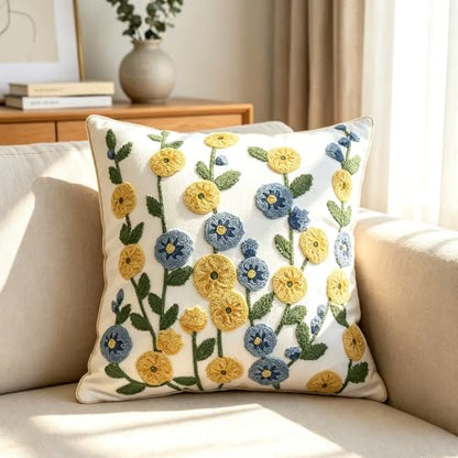 Sunflower Floral Spring Embroidered Throw Pillow Cover 18"x18" Set of 2 - color: Sunflower Yellow