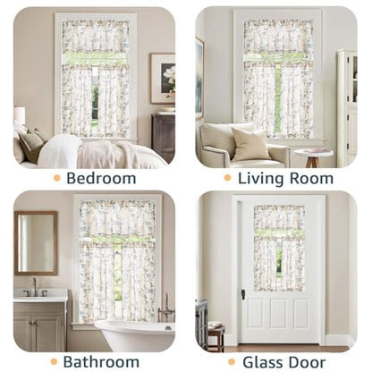 jinchan Blue Linen Floral Kitchen Tier Curtains and Valance Set 3 Pieces - color: Alisa | Blue on Linen, size: 26"W x 36"L (Pack of 3)