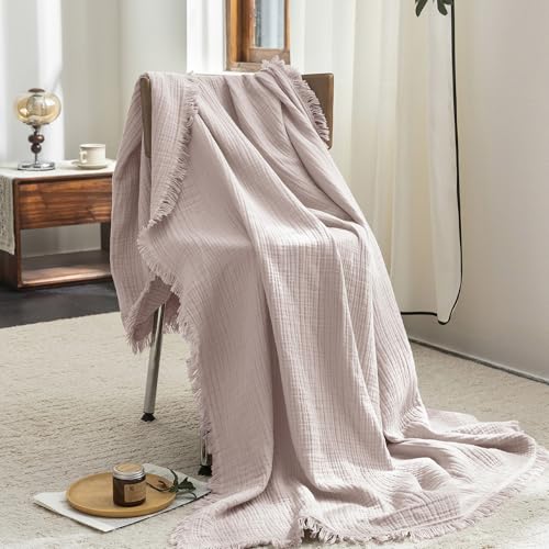 FOSSA Muslin Blanket 4-Layer 100% Cotton Gauze Blanket with Fringe 50"x70" - color: Greyish Pink, size: Throw XL (50" × 70")