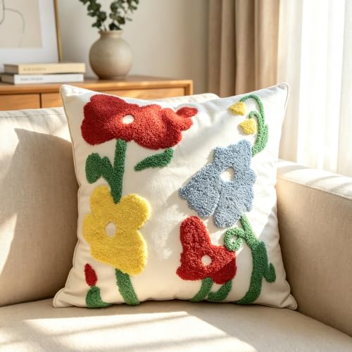 Boho Art Red Spring Floral Embroidered Throw Pillow Cover 18"x18" Set of 2 - color: Artflower Red