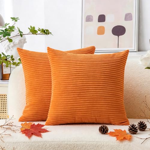 Home Brilliant Decorative Accent Burnt Orange Pillow Covers Halloween Decoration Set of 2 Striped Corduroy Plush Velvet Cushion Cover for Couch Rust, 40cm, 16 x 16 Inch, Orange - color: Burnt Orange, size: 16" x 16" (Pack of 2)