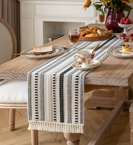 Caflife Black and Beige Woven Rustic Boho Table Runner 90 Inchs Long - color: Black, size: 13x90Inch