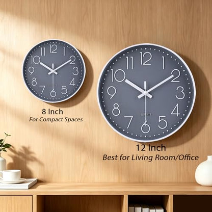 jomparis Wall Clock 12 Inch Non-Ticking Silent Battery Operated Round Wall Clock Modern Elegant Simple Style Clock for Home Office Kitchen Bedroom Living Room - color: 1 Pack - Gray, size: 12 Inch