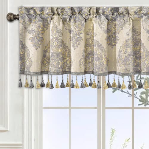 Loom and Mill Luxury Damask Jacquard Valances for Windows, Beige, 54"x18" - color: Rome-beige