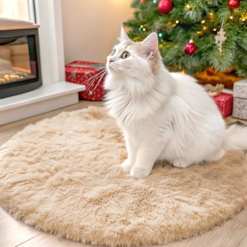 OLANLY Beige Round Rugs for Bedroom - Machine Washable, 2 ft Circle Area Rugs for Living Room, Soft and Fluffy Shaggy Carpet for Teen Girls and Boys, Nursery Rooms, Dorms, Home Decor Aesthetic - color: Beige, size: 2 Ft Round