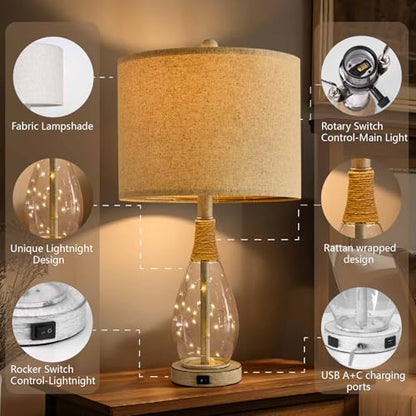 OYEARS 23" USB A+C Table Lamp for Bedroom Living Room Modern Bedside Lamps Retro Farmhouse Rattan Glass Nightstand Nightlight Lamps (White),Two Light Points - color: Antique White