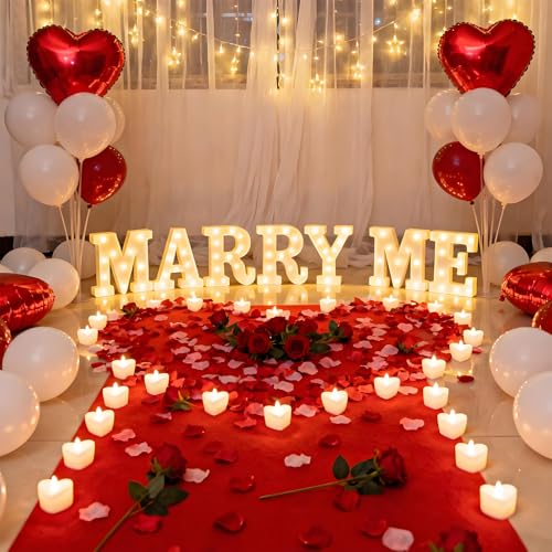 Marry Me Light Up Letters, with 30 Tea Lights Candles, Rose Petals, Aluminum Balloons, Balloons, Red Carpet, Rose Ring Box, Double Sided Tape, Valentine's Day Proposal Engagement Wedding Decorations - color: MARRY ME - Large