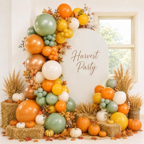 Fall Balloons, 12 Inch Sage Green Burnt Orange Mustard Yellow Beige Balloon - color: Orange Sage Green Yellow White