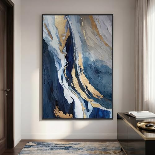 Extra Large Framed Navy Blue Abstract Wall Art for Living Room, 40x60 In - color: Blue and Gold, size: 60"L x 40"W