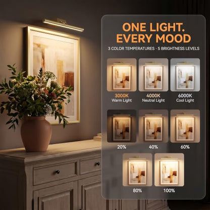 12" Picture Lights for Wall, 10000mAh Rechargeable Wireless Remote - color: Gold, size: 12inch