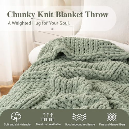 Chunky Knit Throw Blanket for Couch, Sage Green, 50"x60" - color: Sage Green