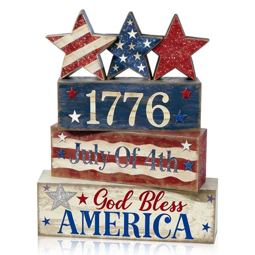 4th of July Table Decorations Patriotic Memorial Day Tiered Tray Decor Wooden Star Block Signs Independence Farmhouse 250th July Fouth Centerpiece for Tables Wooden Sign for Home Decor - style: July Fouth Star