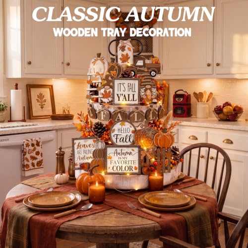 Shellwei 20 Pcs Fall Tiered Tray Decor Set, Thanksgiving Wooden Table Sign - style: Pumpkin