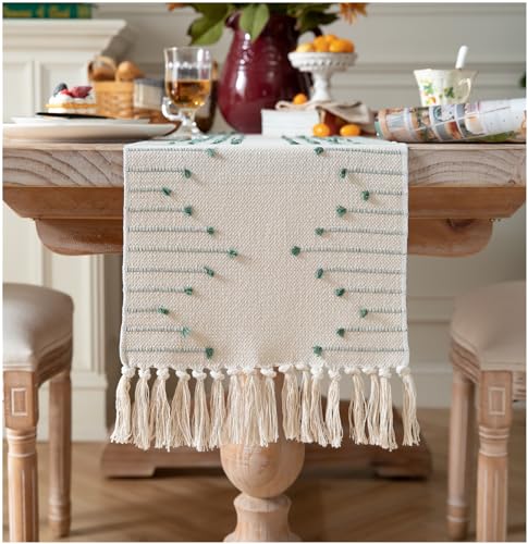 Caflife Green Beige Cotton Linen Rustic Boho Table Runner 13x48 Inch Long - color: Green Beige, size: 13x48Inch