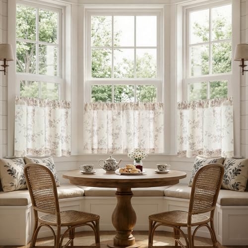 jinchan Floral Linen Kitchen Tier Curtains, 24 Inch, 2 Panels, Gray - color: Alisa Gray, size: 26"W x 24"L (Pack of 2)