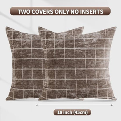 HPUK Checkered Throw Pillow Covers 18x18 Inch, Soft Cut Velvet, Set of 2 - color: Chenil Check-coffee
