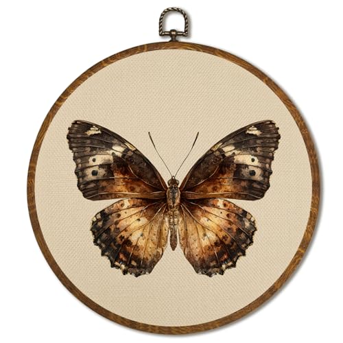Vintage Wall Art 10x10 Inch, Round Framed Canvas Print of Vintage Butterfly & Moths, Dark Moody Circular Wall Art Decor for Living Room, Bedroom, Neutral Retro Artwork (Beige-Butterfly) - color: Beige-Butterfly