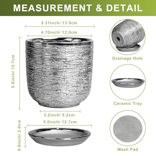 Ceramic Plant Pot 5 Inch, Indoor Planter with Drainage, Silver - color: Silver, size: 5.3 Inch