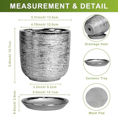 Ceramic Plant Pot 5 Inch, Indoor Planter with Drainage, Silver - color: Silver, size: 5.3 Inch