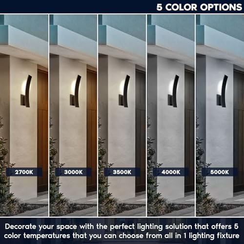 LUXRITE 15-Inch LED Curved Outdoor Wall Sconce, 5CCT Selectable 2700K–5000K, 1000 Lumens, 15W, IP65 Waterproof, CRI 90, 90° Beam Angle, Exterior Light Fixture, ETL Listed, Black - size: 1 Count (Pack of 1)