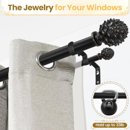 Double Layered Curtain Rod with Black Pine Cone Finials, 28"-48" - color: Black, size: 28"-48"