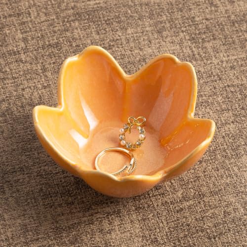 Floral Ceramic Jewelry Tray, 3.5" Ring Holder Trinket Bowl - color: orange