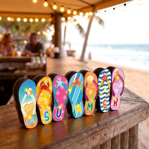 Yousoontic Summer Beach Flip Flop Table Centerpiece Decor - 3D Wooden Slippers Sign with LED Lights, Hawaii Luau Tropical Decor for Home Mantel, Desk & Party - style: Summer