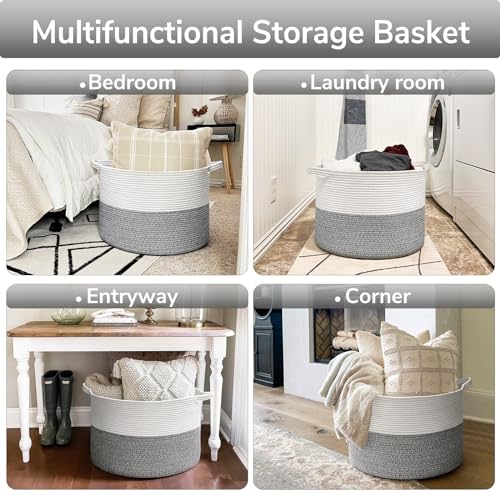 Goodpick Woven Blanket Basket Living Room, Toy Bin for Playroom, 85L - color: Light Grey, size: 21.7x21.7x13.8 Inch (Pack of 1)