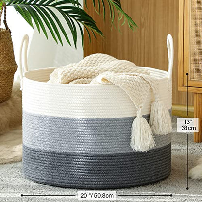 KAKAMAY Large Blanket Basket (20"x13"),Woven Baskets for storage Baby Laundry Hamper,Cotton Rope Blanket Basket for Living Room, Laundry, Nursery, Pillows, Baby Toy chest with Handles (White/Grey) - color: White and Grey