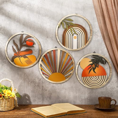 Qunclay 4 Pcs Boho Wall Art Bohemian Wood Round Circle Wall Decor Stylish - style: Stylish